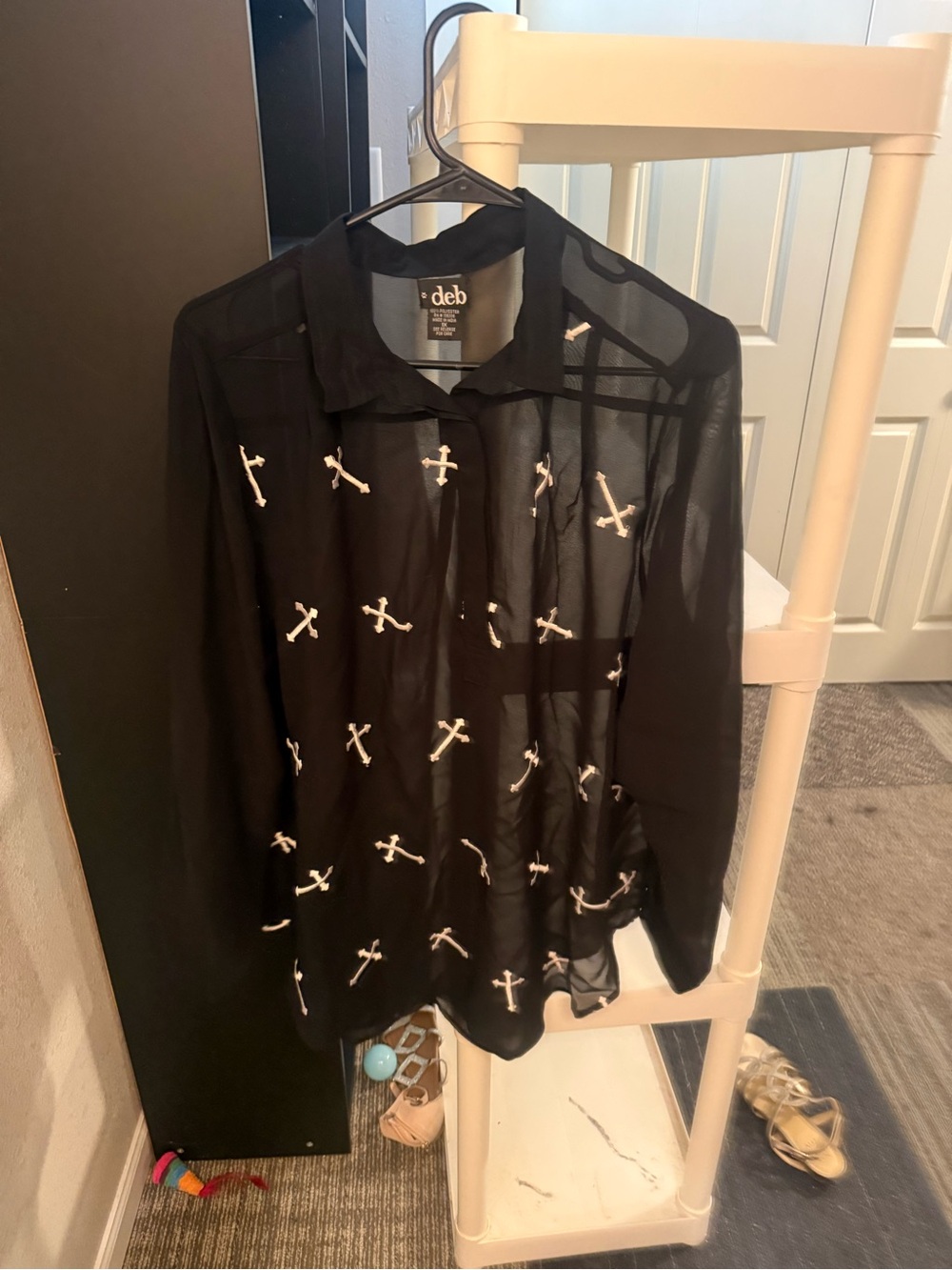 Deb Black Sheer Button-Up Shirt with White Cross Embroidery